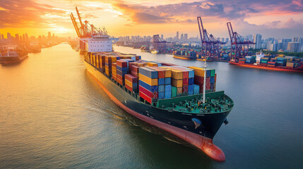 Naklejka premium Cargo ship navigating a busy port at sunset, showcasing industrial transport and trade.