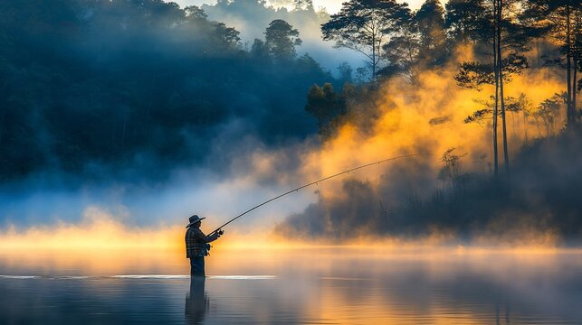 A solitary angler casts a line into a misty lake at sunrise, silhouetted against a backdrop of trees and a golden sky.