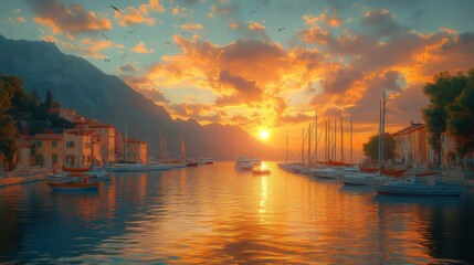 Naklejka premium Serene sunset over a tranquil harbor with boats and mountains.