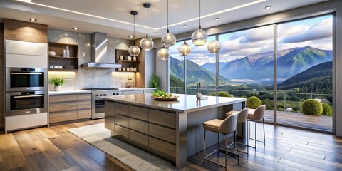 Fototapeta premium Contemporary kitchen featuring an island, stainless steel appliances, and breathtaking mountain views. Bright, airy, and open-concept design with luxurious interiors creates a welcoming atmosphere.