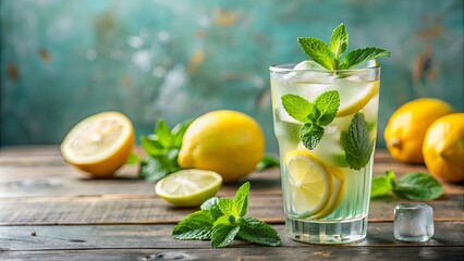 Fototapeta premium A Refreshing Glass of Lemon and Mint Infused Water, with a Side of Freshly Cut Citrus Fruits, on a Rustic Wooden Table