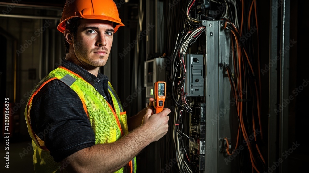 Poster An electrician in a high-visibility vest and helmet, holding a circuit tester and standing in front of a complex network of electrical panels, Construction site scene