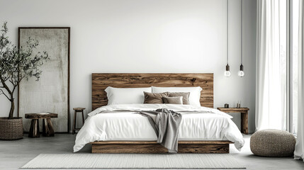 Minimalist bedroom interior with wooden bed frame, white bedding, and a large window.