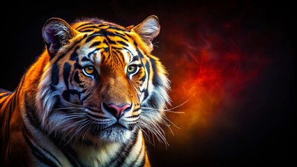 Fototapeta premium A majestic tiger with piercing amber eyes gazes intently into the distance, its orange and black stripes blending with the fiery hues of the abstract background.