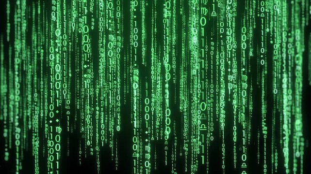 Digital code background with binary code falling looped for technology 