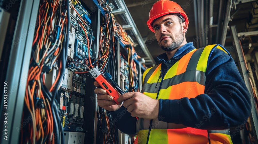 Poster an electrician in a high-visibility vest and helmet, holding a set of wire strippers and standing in