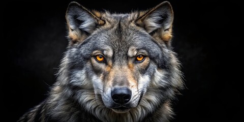Fototapeta premium A close-up portrait of a wolf with piercing golden eyes, its gaze unwavering and intensely focused, revealing the raw power and primal instinct that lies beneath its fur.