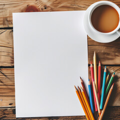Blank paper with colors pencils and a cup of coffee on wood table, coloring mock up version 8
