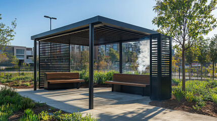 Naklejka premium A modern outdoor shelter with benches in a landscaped area, ideal for relaxation.