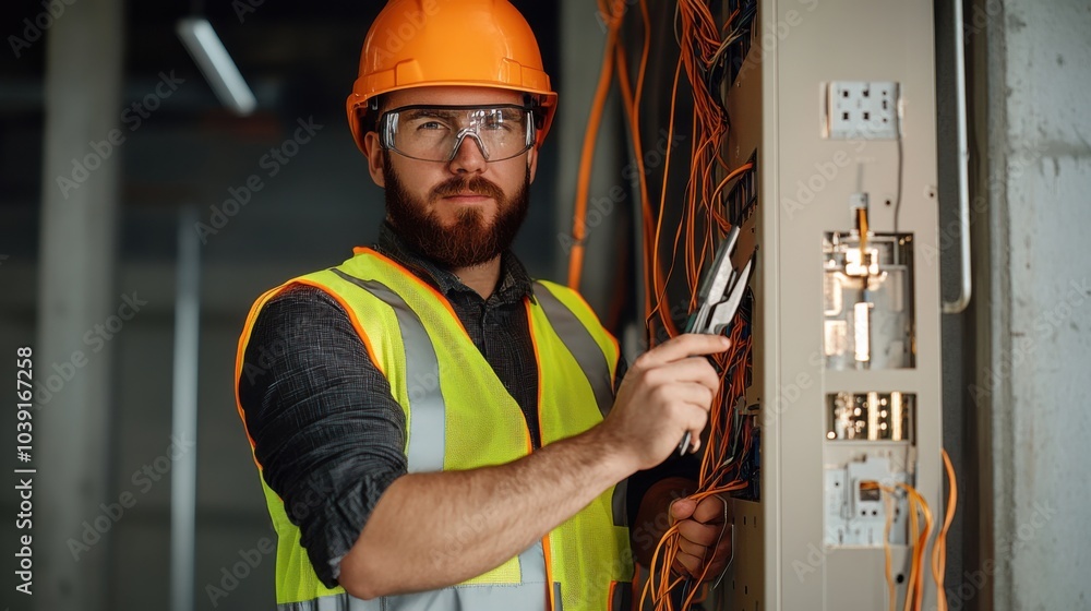 Poster an electrician in a high-visibility vest and helmet, holding an electrical circuit diagram and stand