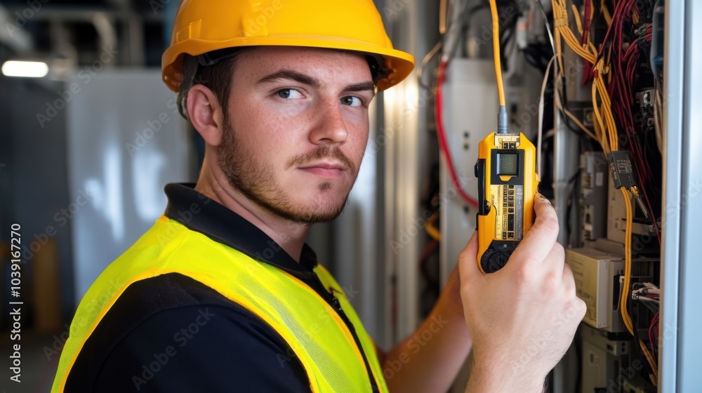 Aufkleber an electrician in a high-visibility vest and helmet, holding a voltage tester and standing in front 
