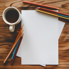 Blank paper with colors pencils and a cup of coffee on wood table, coloring mock up version 7
