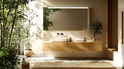 Modern bathroom interior with minimalist design, featuring a large mirror, a wooden vanity, and potted plants.