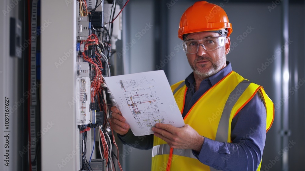 Poster an electrician in a high-visibility vest and helmet, holding an electrical circuit tester, with elec