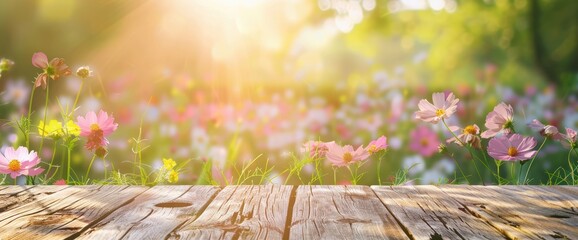 Abstract empty wooden desk tabletop with copy space over spring and summer blurred background,