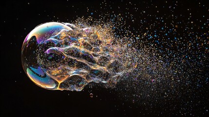 A colorful iridescent soap bubble with a trail of tiny bubbles exploding against a black background.