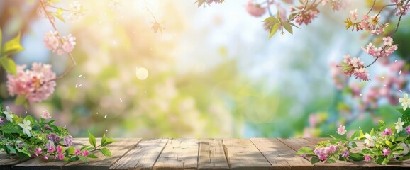 Abstract empty wooden desk tabletop with copy space over spring and summer blurred background,