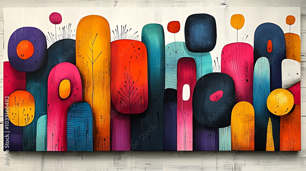 Wall mural Abstract colorful landscape painting with rounded shapes and organic textures.