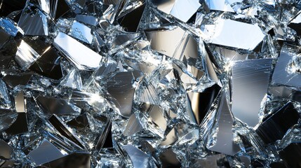 A close-up of shattered glass, with sharp edges and a reflective surface, creating a dramatic and abstract pattern.