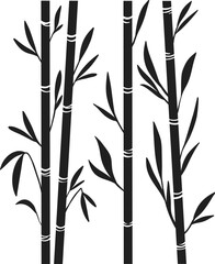 Bamboo forest stems. Jungle bamboo stems silhouettes, bamboo branches with leaves, decorative bamboo flat vector illustration icon. Black ink trees on white background.