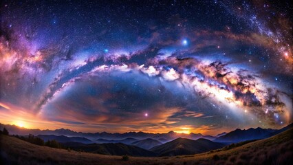 Obraz premium A celestial panorama revealing a majestic star-dusted expanse above a silhouetted mountain range, where the milky way stretches across the sky in a captivating display of cosmic wonder