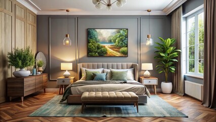 Elegant home painting mockup for bedroom and living room interiors. Showcase wall art canvases and modern decor inspirations for a stunning house interior background.