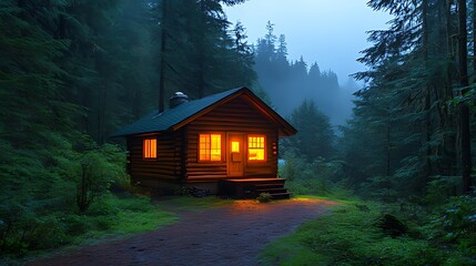A cozy wooden cabin with warm yellow lights glows in the misty forest at dusk.