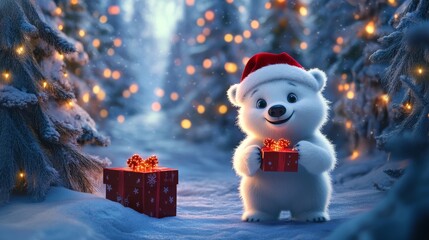 クリスマスツリーとサンタの帽子を被ったテディベア