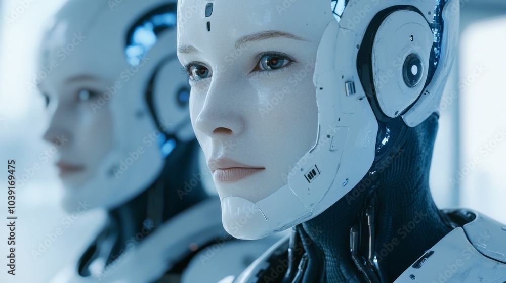 Aufkleber futuristic engineers working with ai-driven machinery