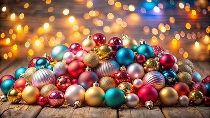 A festive arrangement of colorful baubles, reflecting a warm glow, creating a captivating display of holiday cheer.