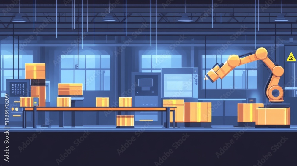 Poster futuristic robotics in automated assembly line