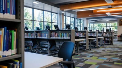 An advanced public library with digital reading stations offering interactive learning tools and an automated book sorting system for efficient access and organization