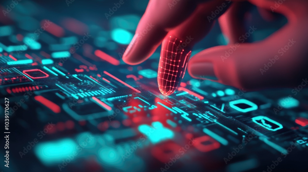 Poster a close-up of a hand interacting with a futuristic digital interface, featuring glowing data pattern