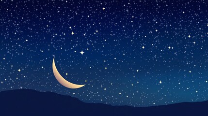 Obraz na płótnie Canvas A crescent moon shines in the night sky, surrounded by twinkling stars over a silhouetted mountain range.