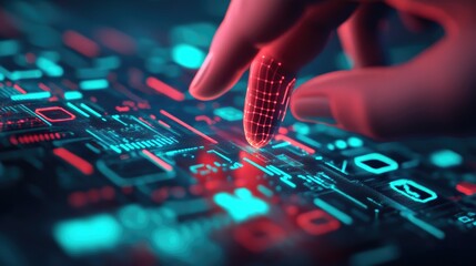 Naklejka premium A close-up of a hand interacting with a futuristic digital interface, featuring glowing data patterns in red and cyan colors.