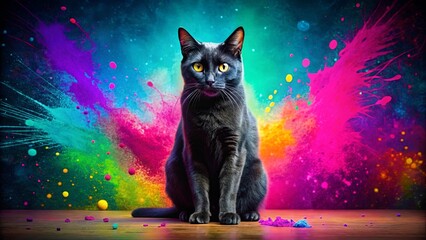 A Black Cat With Golden Eyes Poses in a Colorful Abstract Background, A Symphony of Vibrant Hues