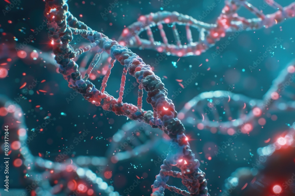 Poster a detailed visualization of a dna double helix surrounded by glowing particles, symbolizing genetic 