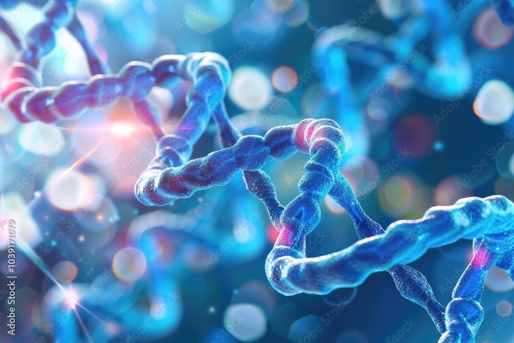 Poster a close-up view of a vibrant dna double helix, showcasing its structure against a soft blue backgrou