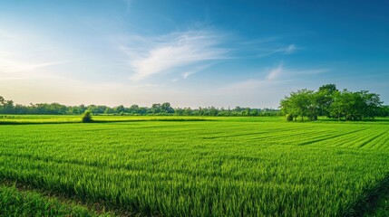 Fototapeta premium An expansive agricultural farm landscape with green fields and a clear blue sky, Agricultural scene, Natural beauty style