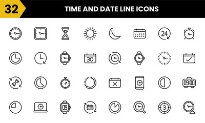 Date and time line vector icon set. This set includes various elements such as calendar, alarm, stopwatch, number, watch and etc. Simple icon graphic symbol design