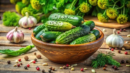 Fresh Pickled Cucumbers in a Bowl - Homemade Preserves, Healthy Snacks, Fermented Vegetables, Culinary Delights, Summer Harvest, Flavorful Treats, Crisp and Tangy, Kitchen Essentials, Food Photography