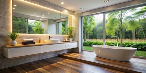 A Modern Bathroom with a View of a Lush Green Forest and a Freestanding Tub on a Wooden Platform