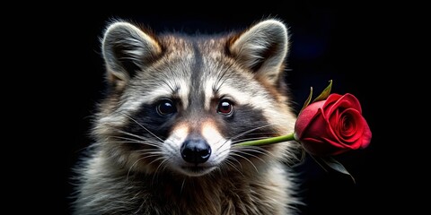 Obraz premium A curious raccoon with a mischievous twinkle in its eyes holds a single crimson rose, its soft fur and sharp gaze creating a captivating contrast against the dark backdrop.