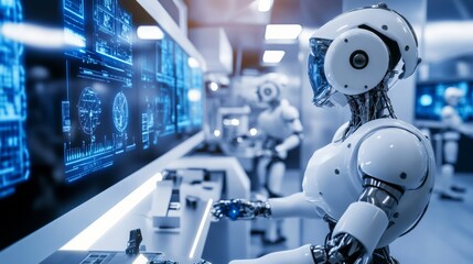 An advanced research facility with humanoid robots conducting experiments in zero gravity, Space laboratory style, photo of