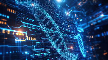 Digital representation of a DNA helix with a futuristic, technological background.