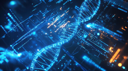 A digital representation of a DNA double helix amidst a futuristic data landscape.