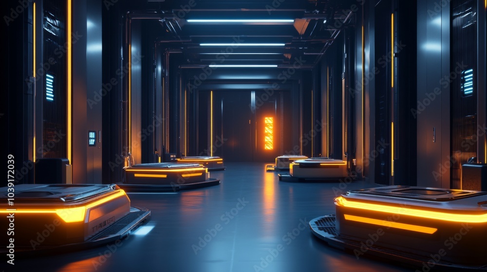 Poster futuristic warehouse with robots sorting packages