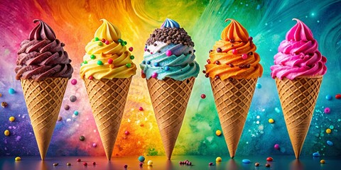A symphony of colors and flavors, five ice cream cones stand tall against a vibrant abstract backdrop, their sweet swirls and sprinkles promising a delightful summer treat.