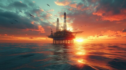 Fototapeta premium Oil rig at sunset over calm waters with birds flying.