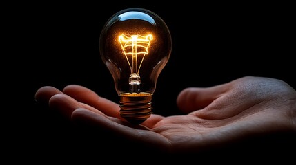 A glowing light bulb held in a hand against a black background.